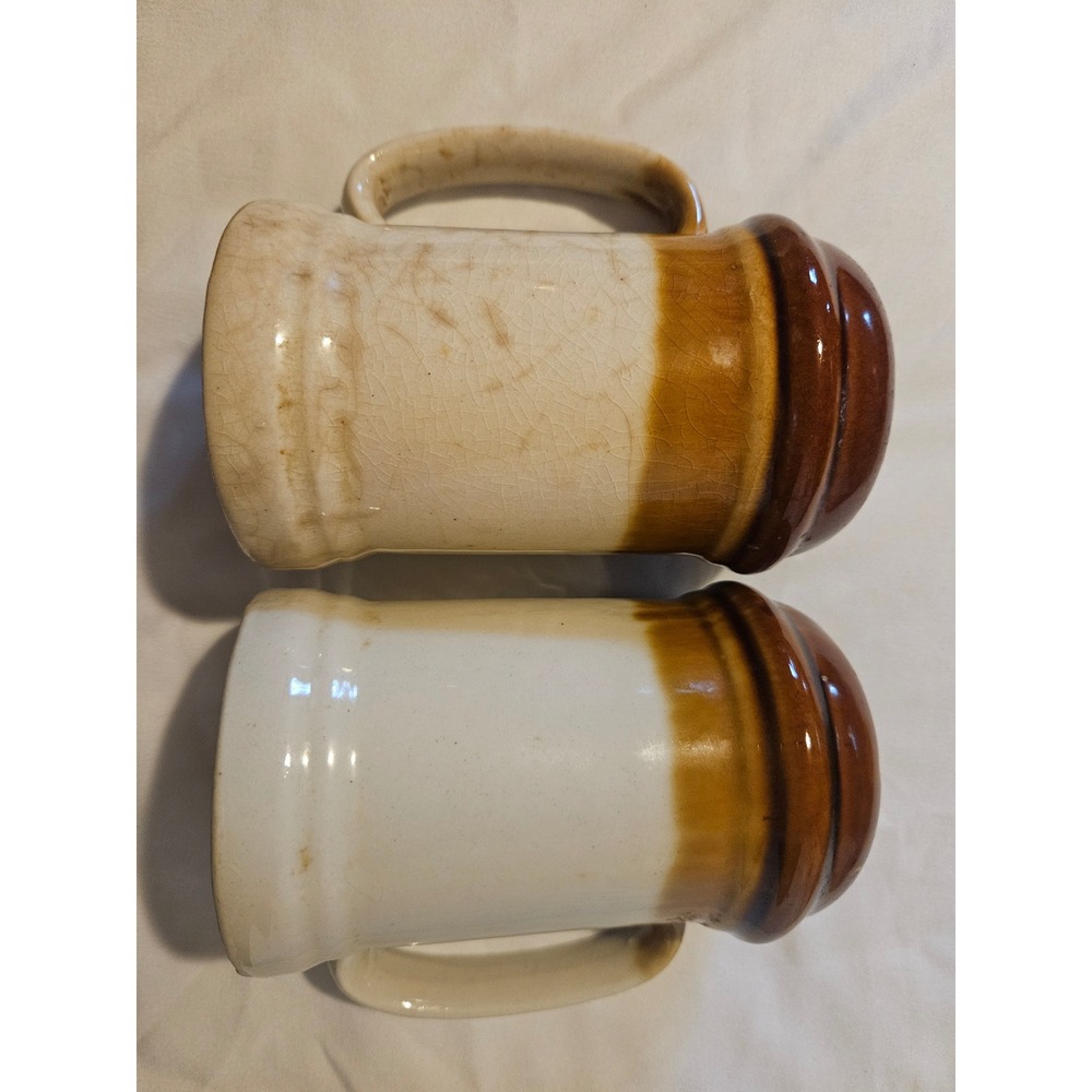 Vintage Stoneware Salt and Pepper Shakers Brown Cream Mug Style Rustic Farmhouse